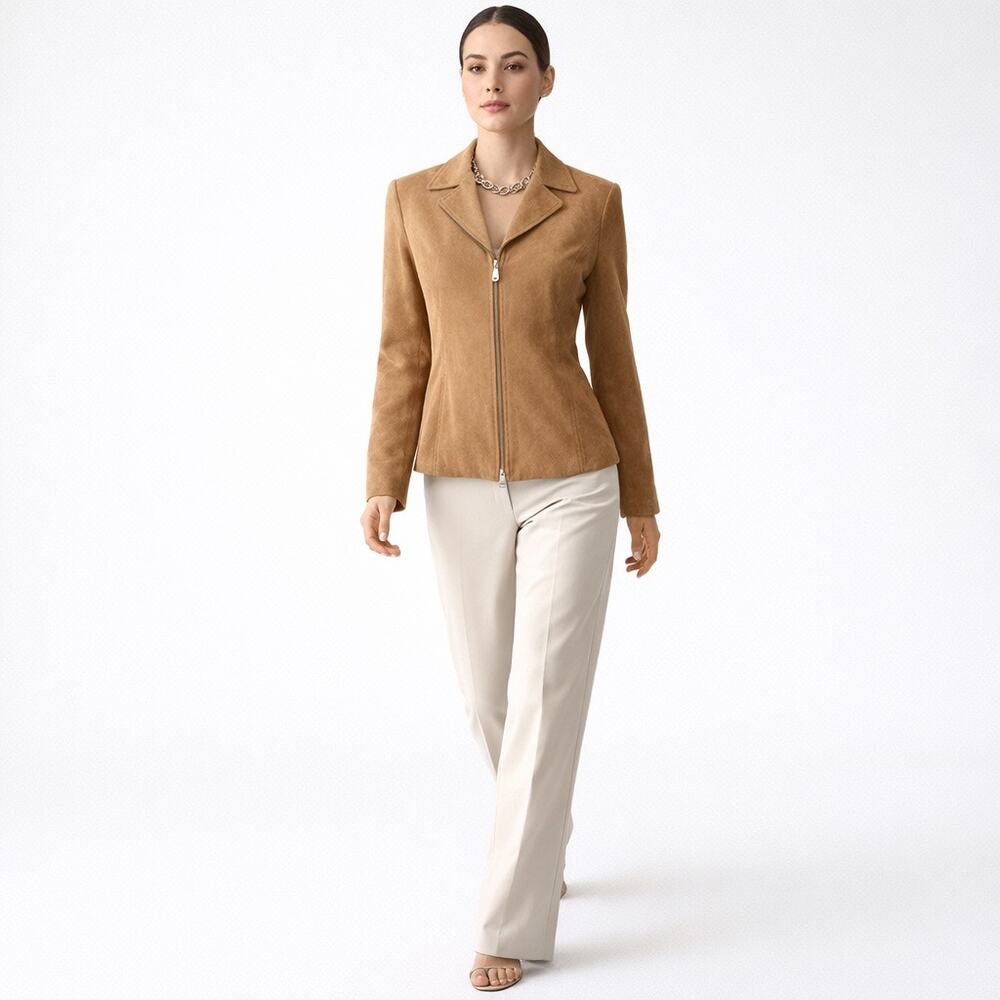 90s Tan Faux Suede Zip Jacket Women Sz 6 Minimalist Career Neutral